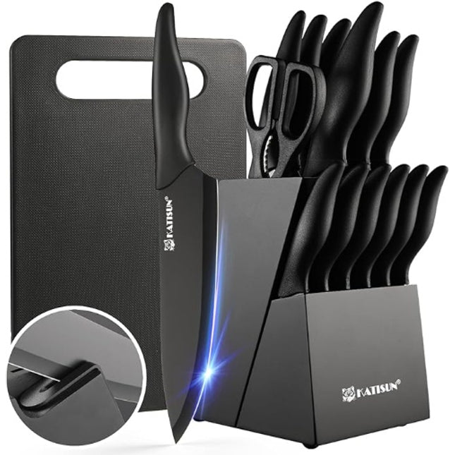 16-Piece Kitchen Knife Set with Block & Cutting Board – German Stainless Steel Knife Set with Steak Knives & Sharpener