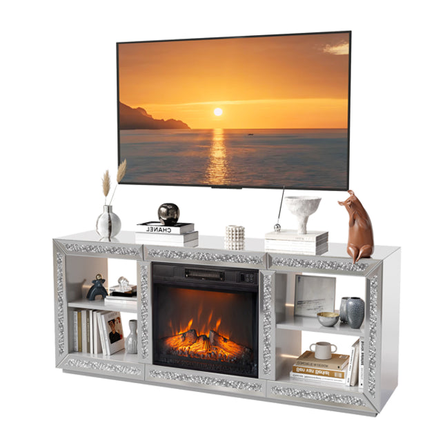 Likeshoppe Mirrored Fireplace TV Stand with Electric Insert – Modern Silver Entertainment Center with Storage Shelves