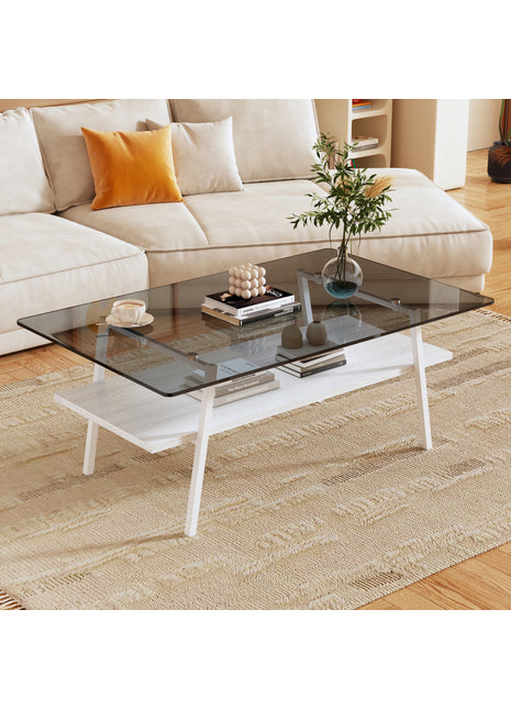 Modern Rectangle Tempered Glass Coffee Table – Gray Glass Living Room Table