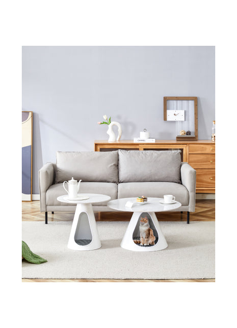 2-Piece Round Coffee Table Set with Cat Beds – Marble Top Modern Pet Friendly Living Room Tables