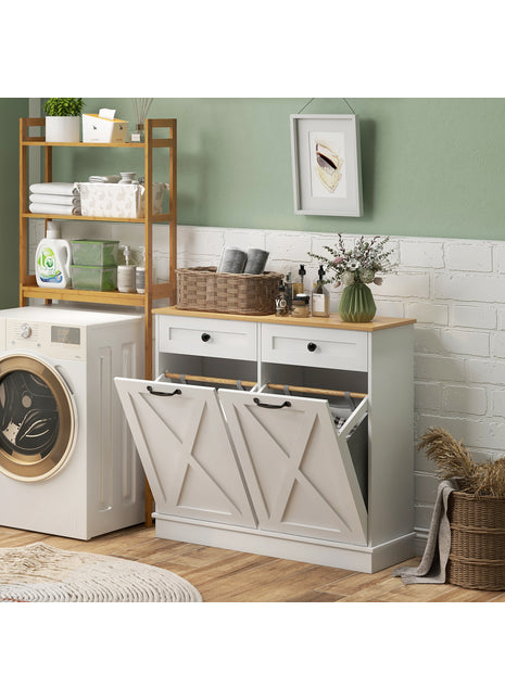 Tilt-Out Laundry Hamper Cabinet with 2 Removable Baskets & Drawers – Bathroom Storage Organizer (White)