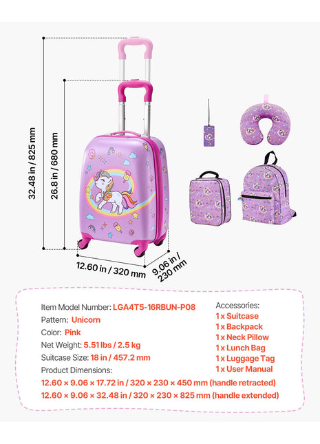 Unicorn Kids 5 Piece Carry On Luggage Set | 18 Inch Rolling Suitcase with Backpack & Travel Pillow | Likeshoppe