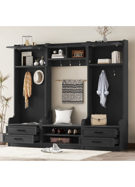 4-in-1 Hall Tree Entryway Storage Bench with Coat Hooks & Cabinet