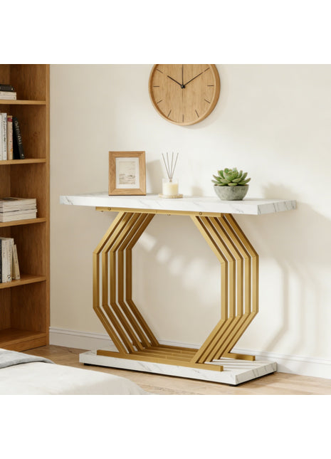 Likeshoppe Faux Marble Console Table with Gold Octagon Base – 39" Modern Entryway Sofa Table