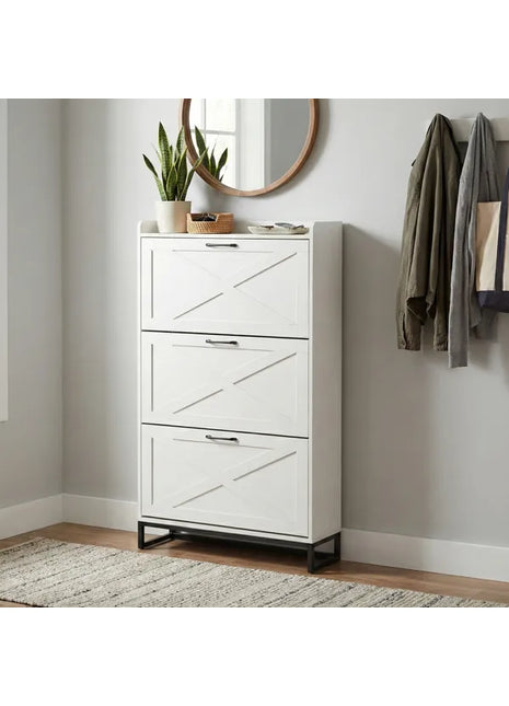 Barn Door Shoe Cabinet with 3 Flip Drawers – Farmhouse Tall Entryway Shoe Storage