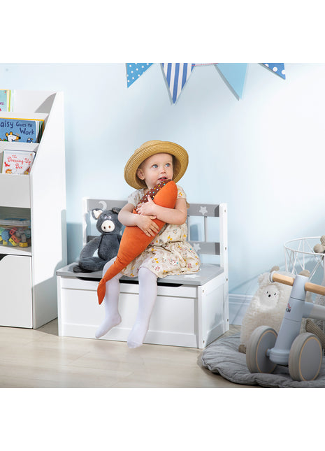 Kids Toy Storage Bench with Safety Lid – Wooden Toy Chest Seat with Moon & Stars Design for Playroom