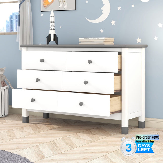 AU9- Wooden Storage Dresser with 6 Drawers,Storage Cabinet for kids Bedroom,White+Gray - Likeshoppe