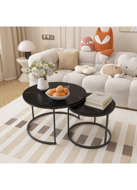 Round Nesting Coffee Table Set of 2 – Marble Pattern Modern Coffee Tables with Metal Frame
