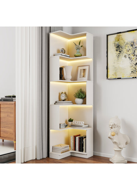 Likeshoppe 5 Tier Corner Bookshelf with LED Lights – Modern L-Shaped Space Saving Display Shelf for Small Spaces, Living Room & Home Office