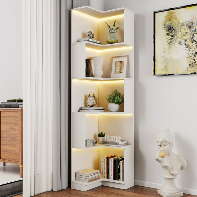 Likeshoppe 5 Tier Corner Bookshelf with LED Lights – Modern L-Shaped Space Saving Display Shelf for Small Spaces, Living Room & Home Office