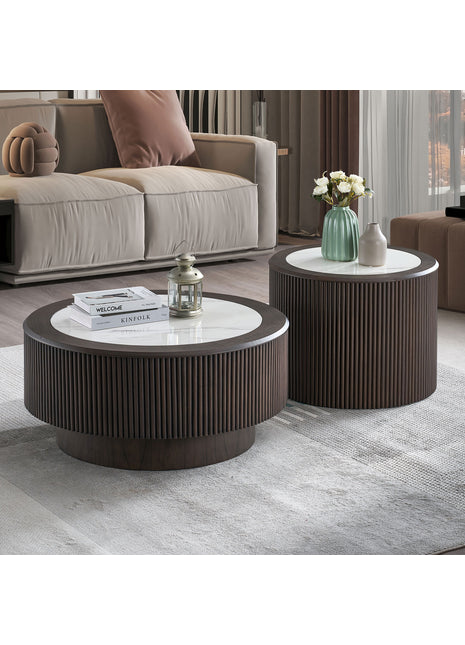 Modern Faux Marble Round Coffee Table Set – Nesting Living Room Tables with Pedestal Base (Dark Brown)