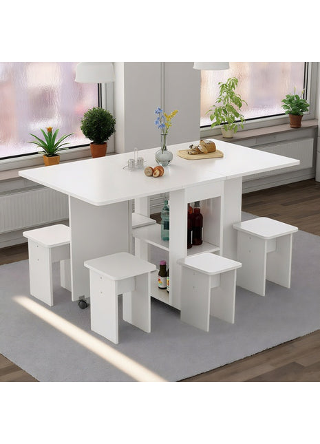 Likeshoppe Folding Drop Leaf Dining Table Set for 4 with Storage & Wheels – Space Saving White Table and Chairs for Small Spaces