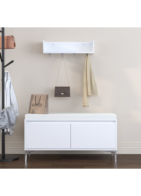 Wall Mounted Entryway Shelf with Hooks & Shoe Storage Bench – Modern Organizer