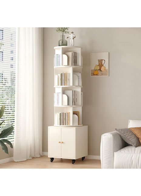 360° Rotating 5-Tier Corner Bookshelf with Drawer – Space Saving Floor Standing Bookcase