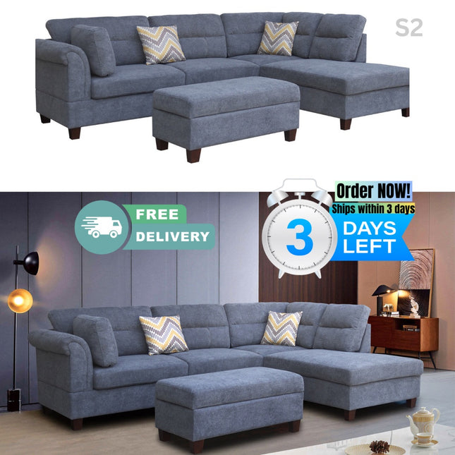 S2- Diego Gray Fabric Sectional Sofa with Right Facing Chaise, Storage Ottoman, and 2 Accent Pillows - Likeshoppe