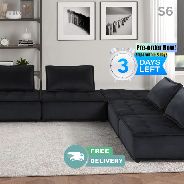 S6- Anna Black Velvet 5 Pc Sectional Sofa - Likeshoppe
