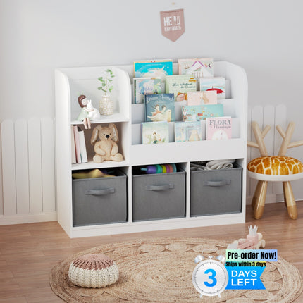 AT1- Kids Bookcase and Bookshelf, Multifunctional Bookcase with 3 Collapsible Fabric Drawers, Bookcase Display Stand, Toy Storage Organizer for Bedroom, Playroom, Hallway (White/Gray) - Likeshoppe
