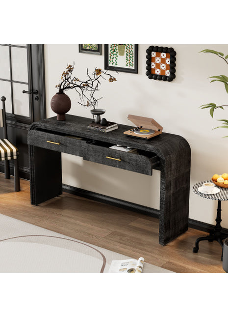 Vintage Silhouette Likeshoppe Console Table in Antique Black – Entryway Table with Drawers & Modern Curved Design (59”)