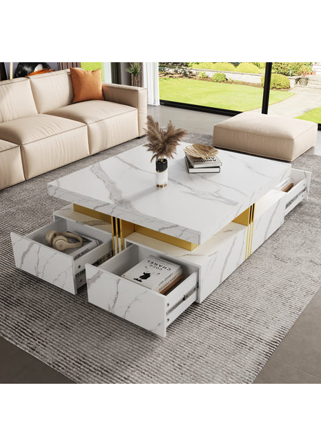 Modern White Square Coffee Table with 4 Drawers – Luxury Living Room Storage Table