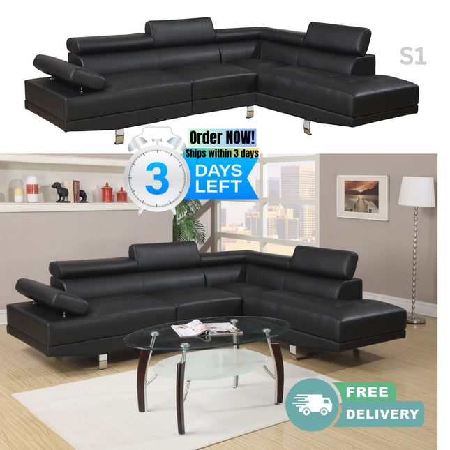 S1- Black Color Sectional Living Room Furniture Faux Leather Adjustable Headrest Right Facing Chaise & Left Facing Sofa - Likeshoppe