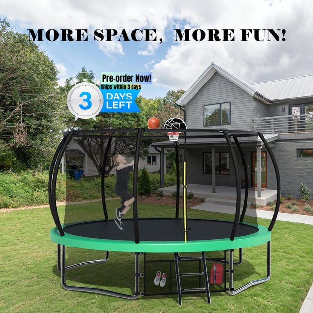 BA35- 14FT Recreational Kids Trampoline with Safety Enclosure Net & Ladder, Outdoor Recreational Trampolines - Likeshoppe