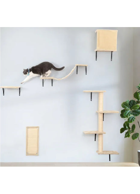 5PCS Wall Mounted Cat Climber Set – Floating Cat Shelves Bridge Scratching Activity Tree