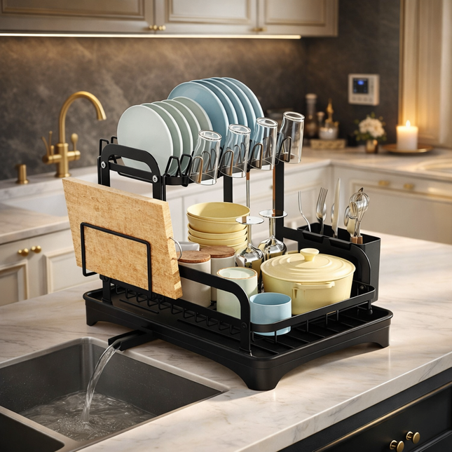 2-Tier Dish Drying Rack with Drainboard – Large Capacity Kitchen Dish Rack with Utensil Holder & Auto Drain System