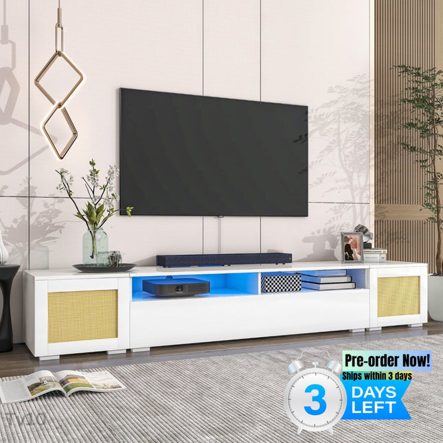 TV10- ON-TREND Rattan Style Entertainment Center with Push to Open Doors, 3-pics Extended TV Console Table for TVs Up to 90'', Modern TV Stand with Color Changing LED Lights for Home Theatre, White - Likeshoppe
