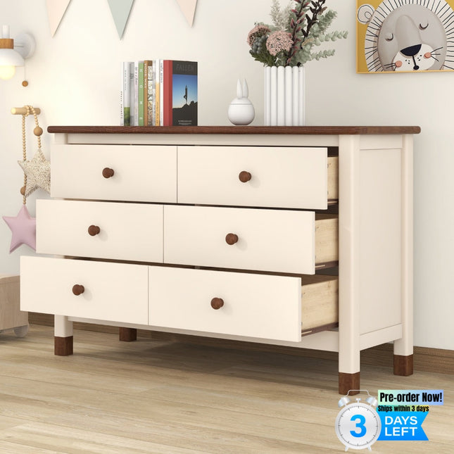 AU10- Wooden Storage Dresser with 6 Drawers,Storage Cabinet for kids Bedroom,Cream+Walnut - Likeshoppe