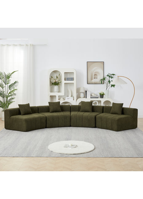Likeshoppe Curved Modular Chenille Sectional Sofa – Green 4-Seat Semi-Circular Cloud Couch with Pillows for Living Room