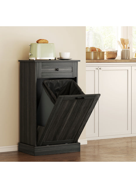 Tilt-Out Kitchen Trash Can Cabinet – Hidden Garbage Bin Storage with Drawer and Wood Top (Charcoal Gray)