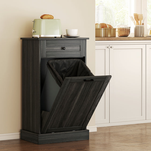 Tilt-Out Kitchen Trash Can Cabinet – Hidden Garbage Bin Storage with Drawer and Wood Top (Charcoal Gray)