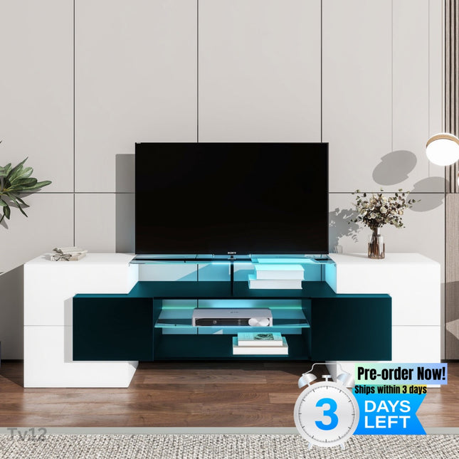 TV12- ON-TREND Unique Shape TV Stand with 2 Illuminated Glass Shelves, High Gloss Entertainment Center for TVs Up to 88", Versatile TV Cabinet with LED Color Changing Lights for Living Room, Black&White - Likeshoppe