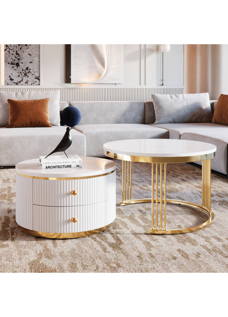 White Round Nesting Coffee Table Set with Drawers – Modern Coffee Tables with Gold Legs