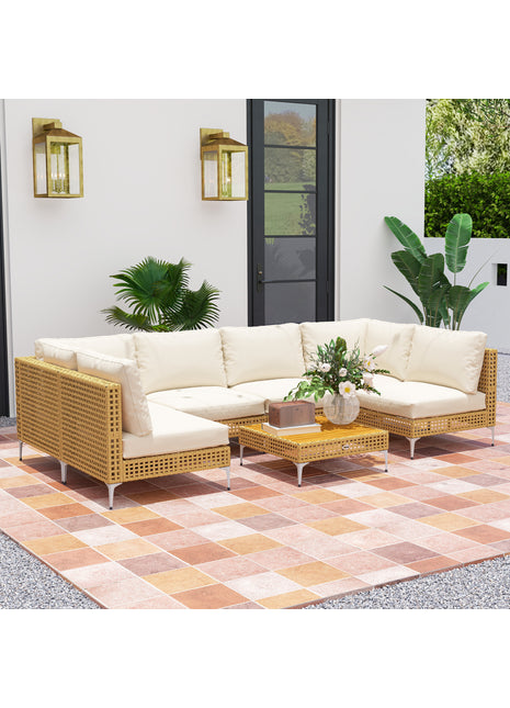 7 Piece Wicker Patio Furniture Set with Cushions & Acacia Wood Table