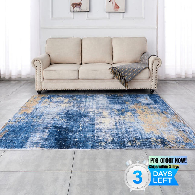 AQ4- ZARA Collection Abstract Design Blue Gold Machine Washable Super Soft Area Rug - Likeshoppe