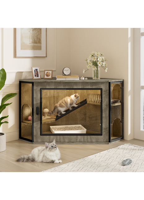 48" Corner Cat Litter Box Enclosure with LED Light – Hidden Cat House Cabinet with Acrylic Door