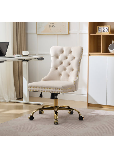 Likeshoppe Furniture Office Chair,Modern Velvet Upholstered Tufted Button Home Office Chair With Golden Metal Base,Adjustable Desk Chair Swivel Office Chair Beige