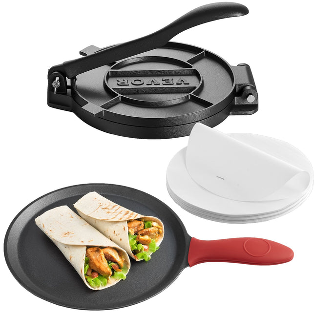 Likeshoppe Choice-Cast Iron Tortilla Press with 10.5" Non-Stick Pan – 8" Manual Roti & Flatbread Maker