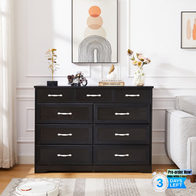 AU7- Bedroom dresser, 9 drawer long dresser with antique handles, wood chest of drawers for kids room, living room, entry and hallway, Black, 47.2'' W x 15.8'' D x 34.6'' H. - Likeshoppe