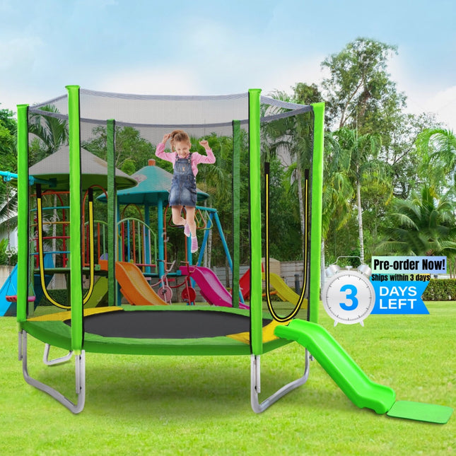 BA37- 7FT Trampoline for Kids with Safety Enclosure Net, Slide and Ladder, Easy Assembly Round Outdoor Recreational Trampoline - Likeshoppe