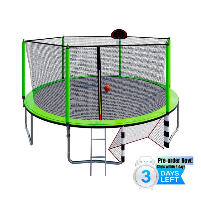 BA5- 16FT Trampoline with Basketball Hoop pump and Ladder(Inner Safety Enclosure) with soccer goal Green - Likeshoppe