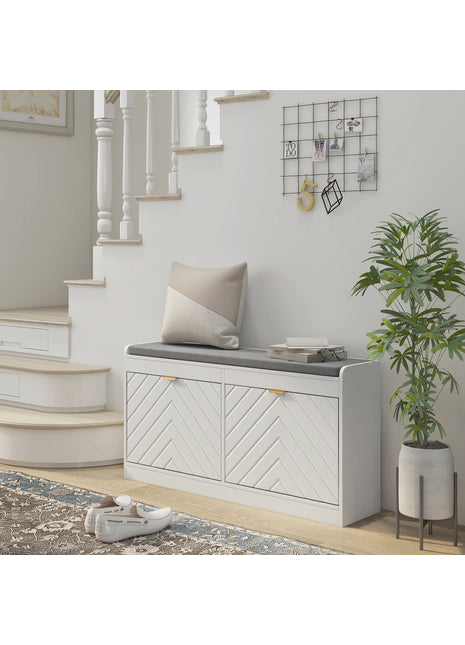 Narrow Entryway Shoe Storage Bench with Cushion – White Flip Drawer Shoe Rack Cabinet