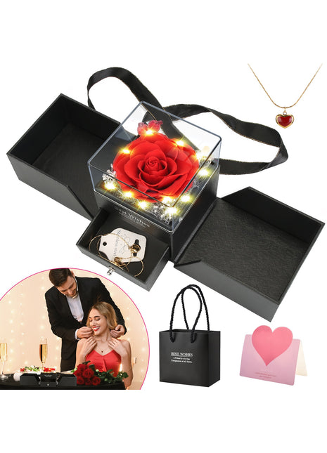 Preserved Red Rose with Heart Necklace – Eternal Real Rose Gift Box for Women
