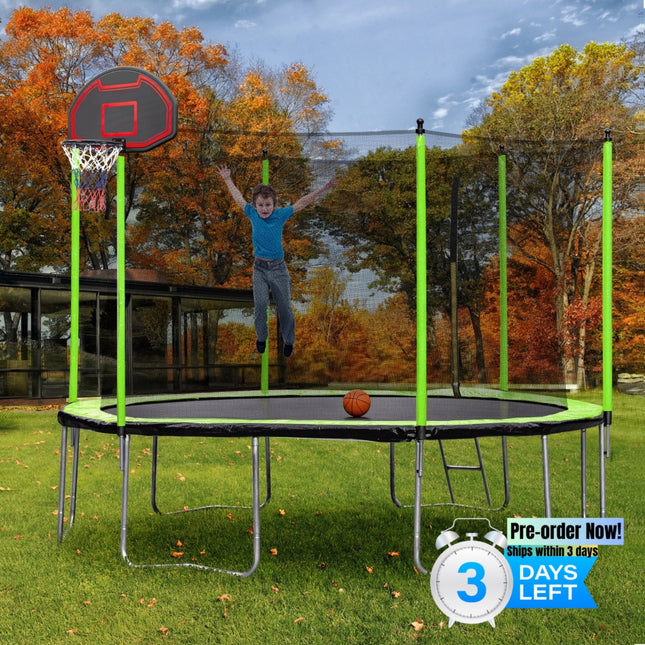 BA6- 14FT Trampoline with Basketball Hoop Inflator and Ladder(Inner Safety Enclosure) Green - Likeshoppe