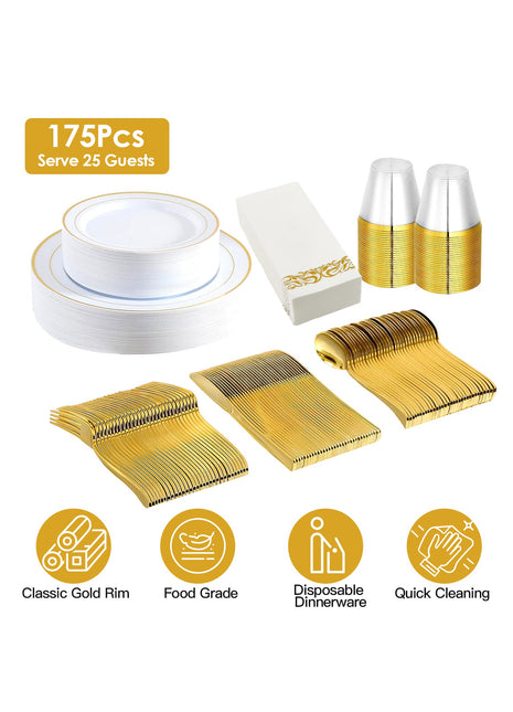 175PCS Gold Rim Disposable Dinnerware Set for 25 Guests – Elegant Party Plates Cups & Utensils