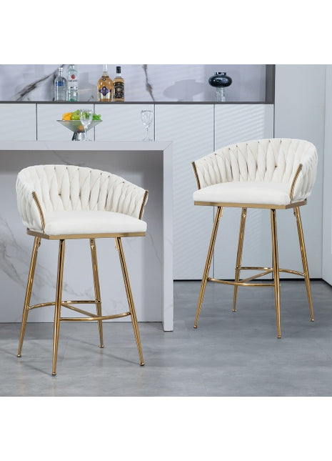 Modern Velvet Bar Stools Set of 2 – Counter Height Kitchen Island Chairs with Gold Metal Base