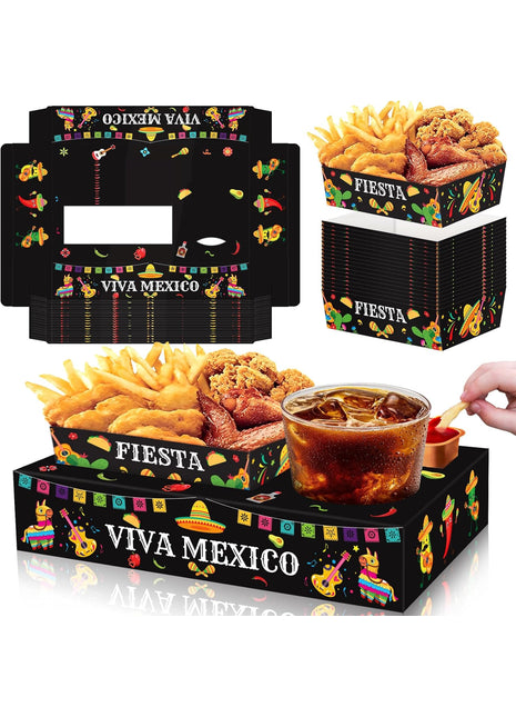 36PCS Fiesta Snack Tray Set – Mexican Party Popcorn Candy Boxes for Movie Night & Cinco De Mayo