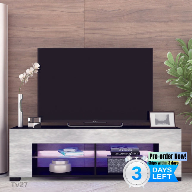 TV27- TV Stand for 32-60 Inch TVs Modern Low Profile Black+Stone Grey Entertainment Center with LED Lights 57 Inch Small TV Console Media Table with Glass Shelves and Hidden Side Bookshelf for Living Room - Likeshoppe