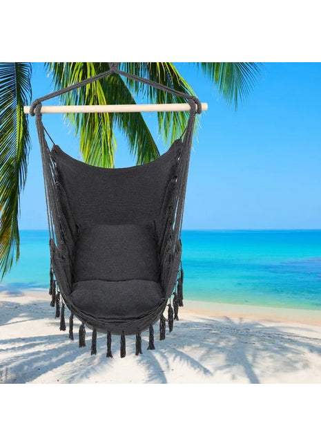 Outdoor Hanging Hammock Chair with Pillow – Tassel Cotton Blend Swing Chair for Patio, Backyard, Camping & Balcony